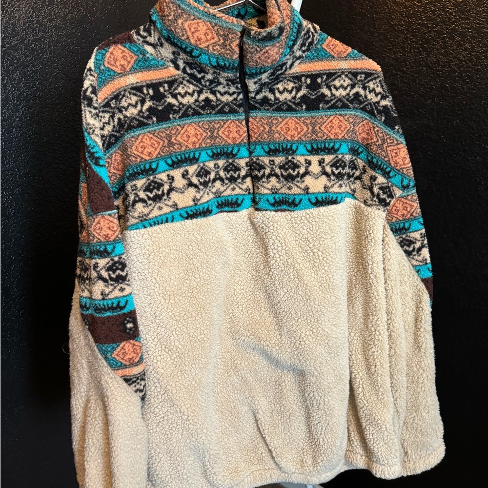 SHEIN Cream and Teal Patterned Teddy Jacket